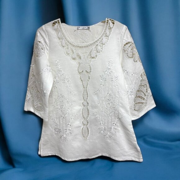 Solitaire by Ravi Khosla White Linen Blend Embroidered Cutout Tunic - Picture 1 of 10